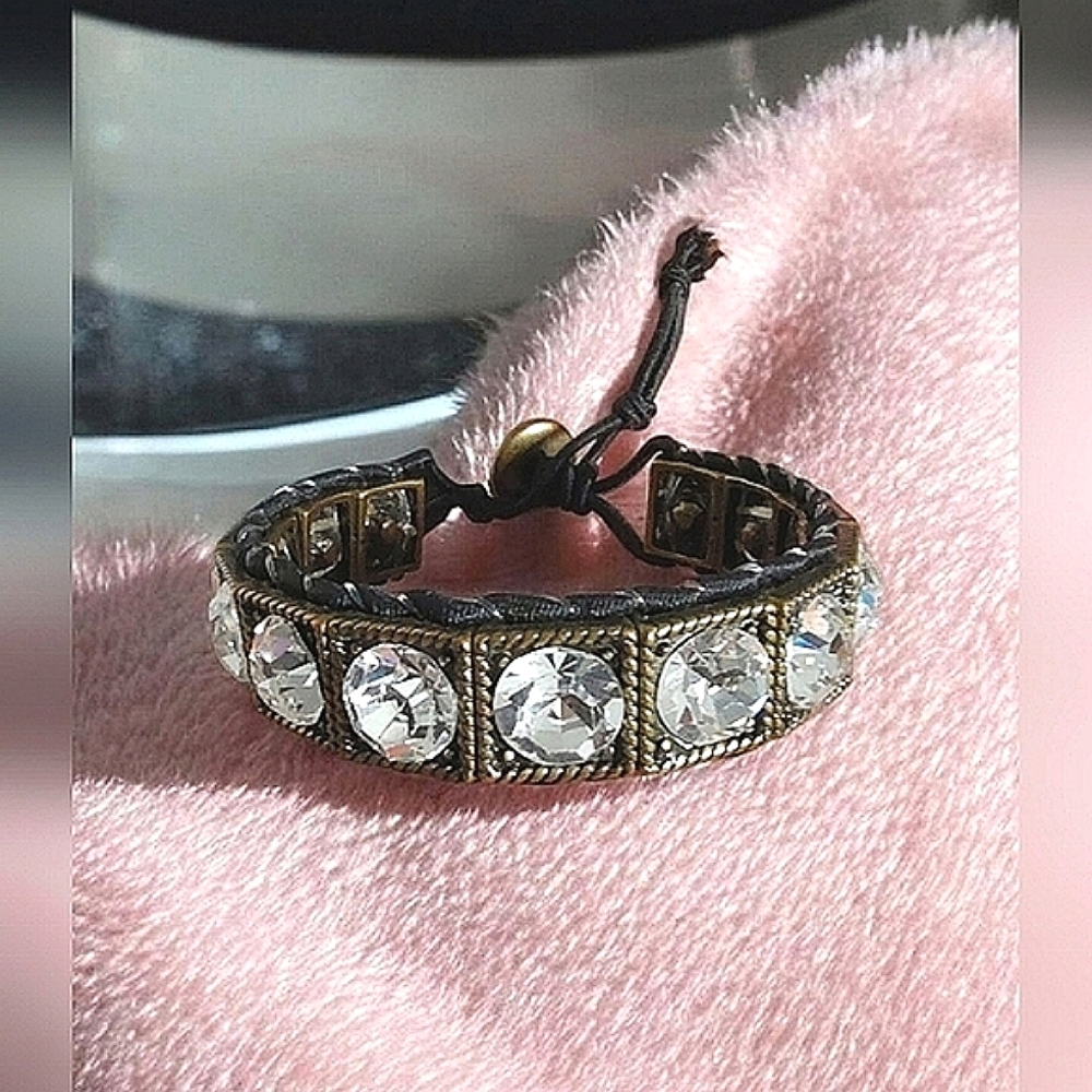 Crystal Rhinestone Deco Metal Square Cord Link Stretch Bracelet Unsigned